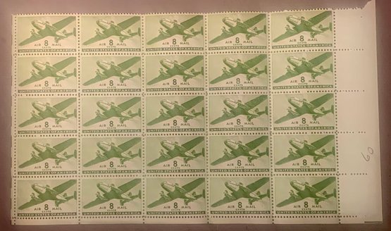 8c U.S. Airmail Stamp 1/2 Sheet Of 25 Stamps, SHIPPABLE