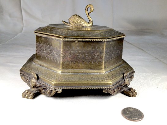 Antique Classical Engraved Brass Box With Swan Finial - Height 5.5 In