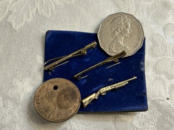 3 Pins & Australian C1983 50 Cent Coin, British C1890 Penny - Rifle Pin, Fishing Rod Pin - SHIPPABLE