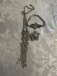 Vintage Costume Jewelry Set - Faux Diamond Necklace, Bracelet, & Star Pin - SHIPPABLE