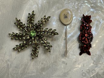 3 Vintage Pins Or Brooches - Snowflake, Painted Shell - SHIPPABLE