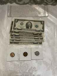Six $2 Bills And Wheat Pennies - SHIPPABLE
