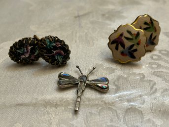 2 Pair Vintage Clip-on Bird Earrings & Silver Dragonfly Pendant Costume Jewelry - SHIPPABLE