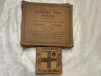 Antique Puzzles - 1939 Takitapart & 1933 Mystery Peg Puzzle, Both In Original Boxes - SHIPPABLE