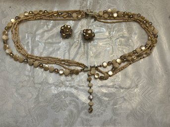Vintage Beaded Necklace With Clip-on Earrings - Gold & White Colored - SHIPPABLE