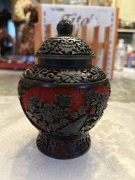 Rare Antique Cinnabar Carved In Black & Red - Covered Jar With Blue Glaze Inside - SHIPPABLE