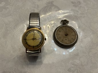 Antique Ingersoll Junior Pocket Watch And Vintage Timex Wristwatch - Shippable