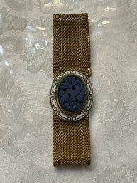 Antique Bracelet W/ Gold Band & Carved Lapis Lazuli Stone - SHIPPABLE