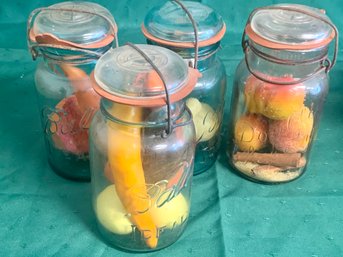 4 Vintage Aqua Color - Ball Jars With Lids & Seals, Plastic Veggies Inside