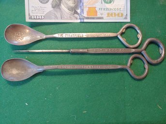 3 Pc. Advertising Lot Antique Bartender Spoons And Ice Pick With Openers