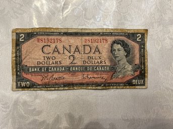 Vintage C1954 $2 Dollar Canada Canadian Bill - Shippable