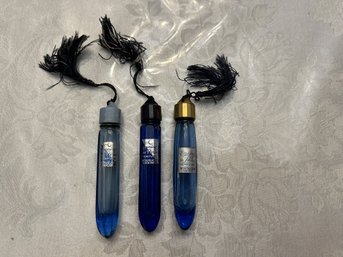 3 Vintage Blue Glass Perfume Vials- Evening In Paris By Bourjois, NY - Empty But Still Scented - Shippable