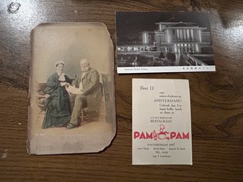 Antique German Colored Cabinet Photo, Tokyo Postcard, & Amsterdam Restaurant Pamphlet - SHIPPABLE