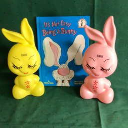 Book - Its Not Easy Being A Bunny And 2 Adorable Vintage Bunny Banks