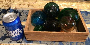 Six Antique Glass Fishing Floats With Antique Box