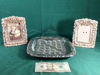 Silver Tone Tray With Two Ornate Silver Plated Picture Frames