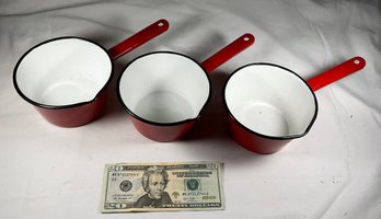 3 Red & White Enameled Pots
