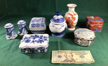 Asian Ceramic Boxes, Vase, And Salt And Pepper - 8 Pcs