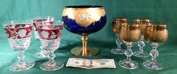 7 Bohemia Crystal Wine Glasses And Large Cobalt Gold And Hand Painted Flower Candy Dish - See Description
