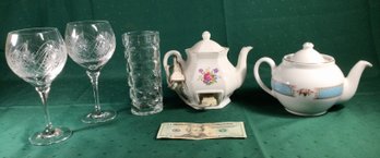 Pair Of Crystal Wine Glasses, Electric Ceramic Tea Kettle And More! 5 Pc Lot, See Photos!