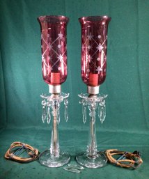 Pair Of Victorian Cranberry Cut To Clear Etched Glass Lamps - Sold As Is - Height 21 In, 5 In Diameter