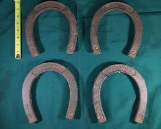 4 Antique Forged Steel Good Luck Horseshoes - Made In St. Pierre, Worscester, Mass - Height 8 In