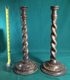 Pair Of Wood Swirl Barley Twist Candlesticks - Height 17 In