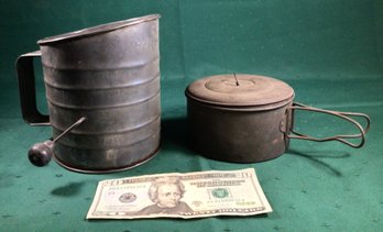 Antique Sifter And Portable Camp Cooking Pot With Handles And Lid
