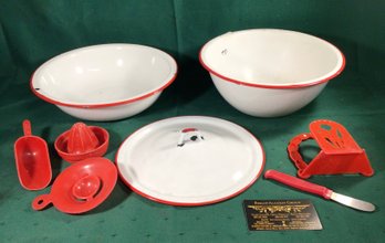 2 Vintage White And Red Enamelware Pots With One Lid - One Bowl 10 In And One 11 In Diameter