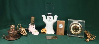 Copper Swivel Oil Lamp, Seth Thomas Desk Clock - Works, 1950s Shoe Lamp, And More! - Lot Of 5