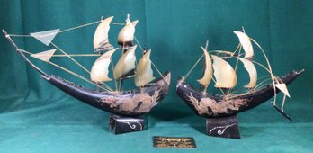 2 Vintage Bone Horn Sail Boats On Base With Dragon Inscribed Artwork- See Description