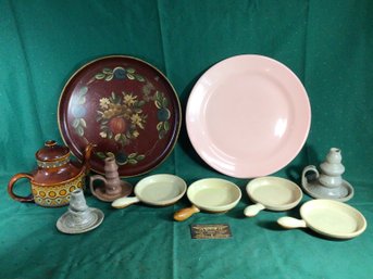 Luray Chop Pastel Pink Large Plate, 7 Pcs Stoneware, Teapot, Platter 14 In - Lot Of 10