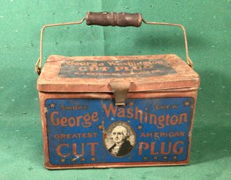 Antique George Washington Cut Plug  - Tin Box With Handle - 7.5 In X 5 In X 4.5 In. SHIPPABLE