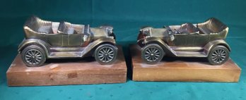 Pair Of Antique Bookends, Brass Cars On Wood Bases, SHIPPABLE.