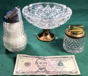 3 Piece Lot - Crystal Pedestal Ashtray, Crystal Table Top Lighter, Vintage Glass Sugar Pourer