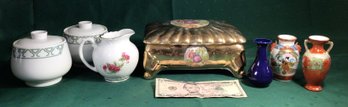 7 Piece Lot - Porcelain Trinket Box, Two Vintage Lidded Jars, 2 Small Asian Vases, Small Pottery Vase, Pitcher