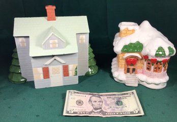 Two Ceramic Wintertime Christmas Decoration Houses