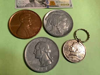 Vintage Oversized Aluminum Coin Lot Of 3 Plus Kennedy Keychain