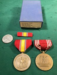 2 WWII Medals - Good Conduct Medal With Presentation Box Dated 5/11/1944 & National Defense Medal With Ribbon