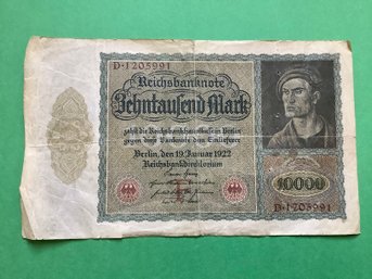 Antique 1922 German 10 Thousand Mark Currency Note