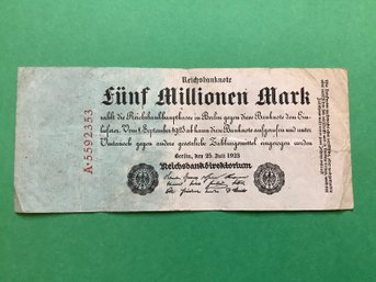 Antique 1923 German 5 Million Mark Currency Note