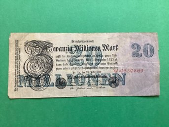 Antique 1923 German 20 Million Mark Currency Note