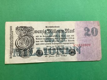 Antique 1923 German 20 Million Mark Currency Note