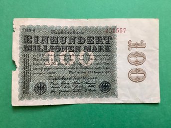 Antique 1923 German 100 Million Mark Currency Note