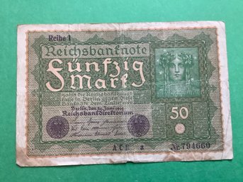 Antique 1919 German 50 Mark Currency Note
