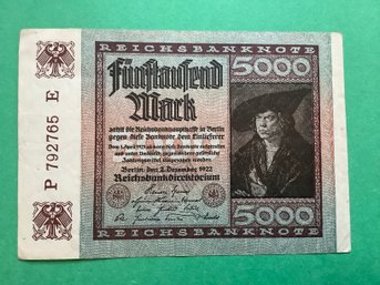 Antique 1922 Germany 5 Thousand Mark Currency Note