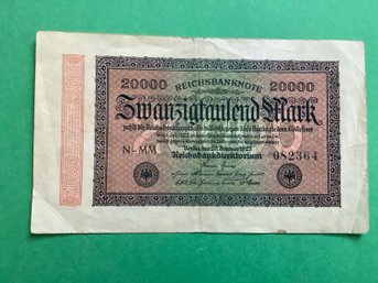 Antique 1923 Germany 20 Thousand Mark Currency Note