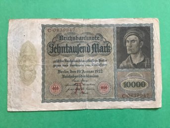 Antique 1922 Germany 10 Thousand Mark Currency Note