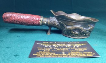 Antique Chinese Brass Dragon Silk Iron With Cinnabar Handle