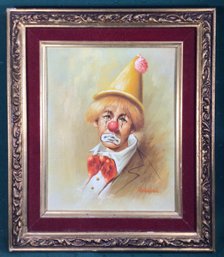 Vintage Oil On Board Sad Clown Painting Signed Renekah